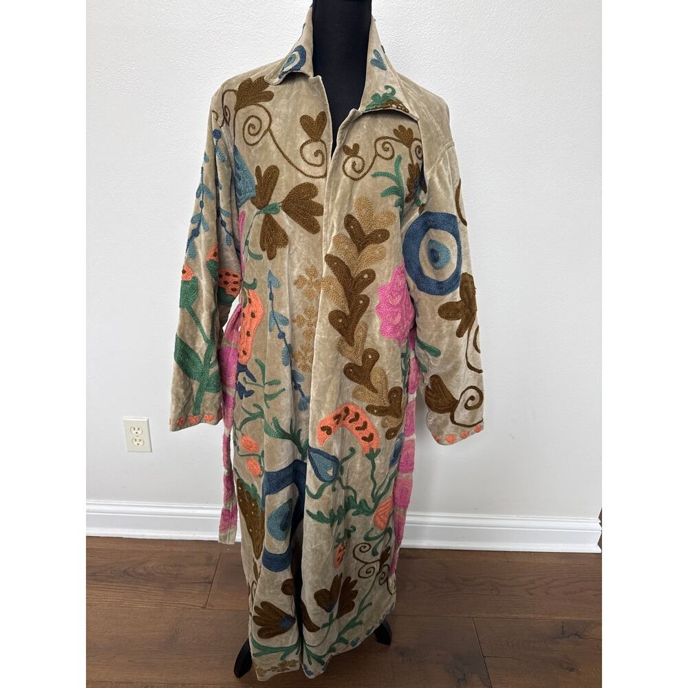 Boho Embroidered Suzani Velvet Coat Jacket Tan Belted Duster Coat Women OS